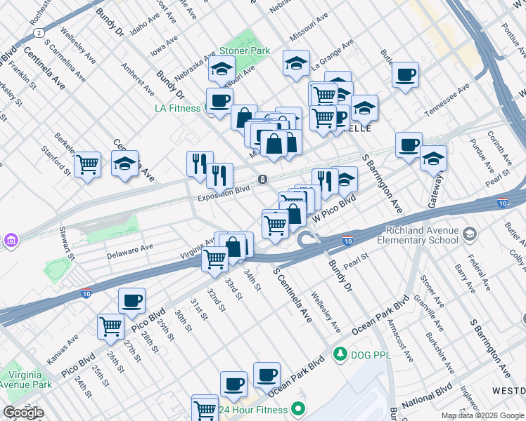 map of restaurants, bars, coffee shops, grocery stores, and more near 2225 Amherst Avenue in Los Angeles