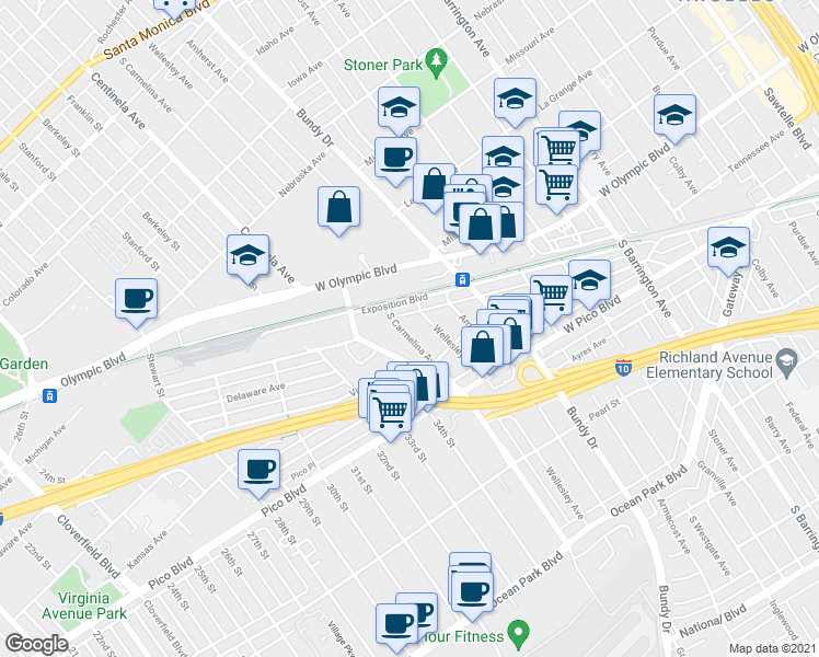 map of restaurants, bars, coffee shops, grocery stores, and more near 2215 Wellesley Avenue in Los Angeles
