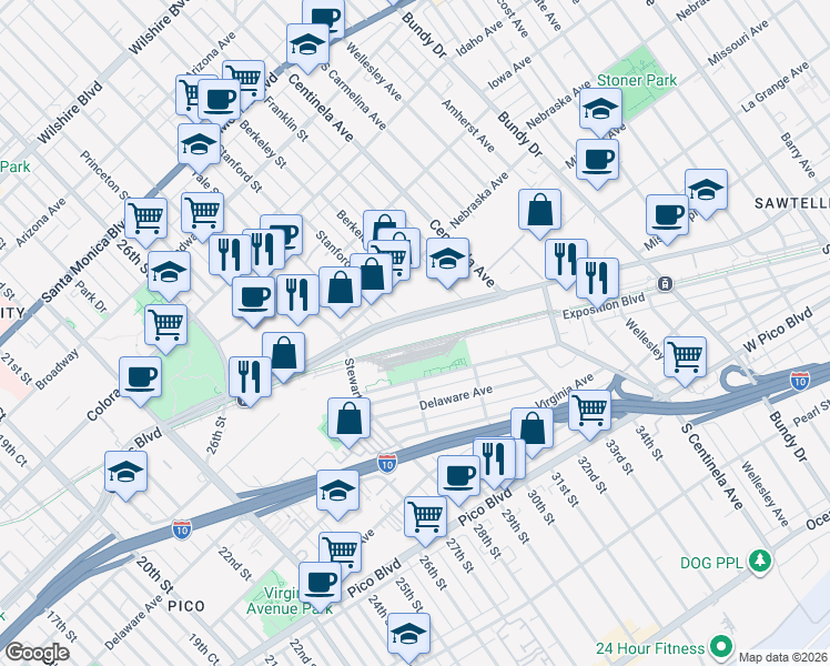 map of restaurants, bars, coffee shops, grocery stores, and more near 3020 Olympic Boulevard in Santa Monica