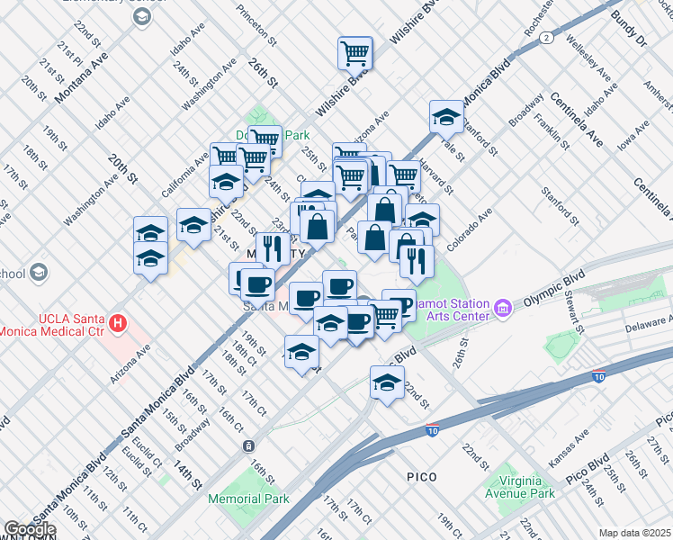 map of restaurants, bars, coffee shops, grocery stores, and more near 1425 Cloverfield Boulevard in Santa Monica