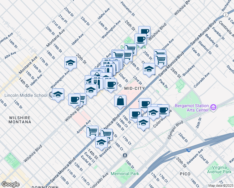 map of restaurants, bars, coffee shops, grocery stores, and more near in Santa Monica