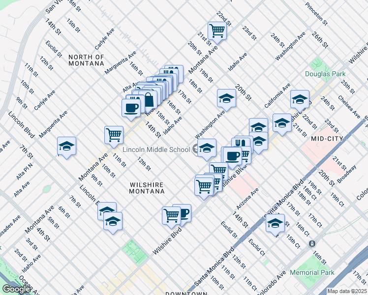 map of restaurants, bars, coffee shops, grocery stores, and more near 1509 Washington Avenue in Santa Monica