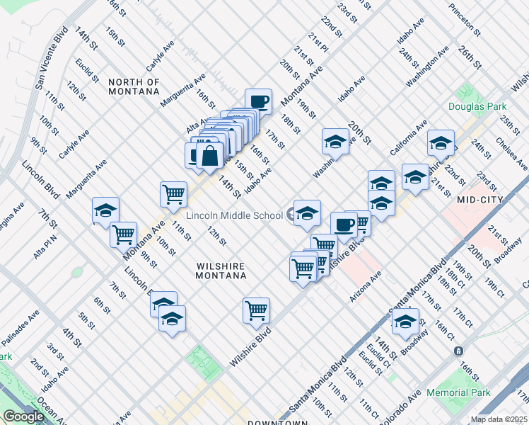 map of restaurants, bars, coffee shops, grocery stores, and more near 925 14th Street in Santa Monica