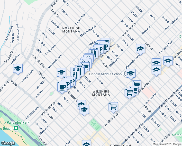 map of restaurants, bars, coffee shops, grocery stores, and more near 1134 Montana Avenue in Santa Monica