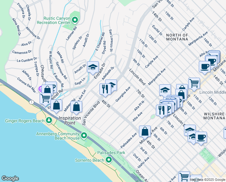 map of restaurants, bars, coffee shops, grocery stores, and more near 516 San Vicente Boulevard in Santa Monica