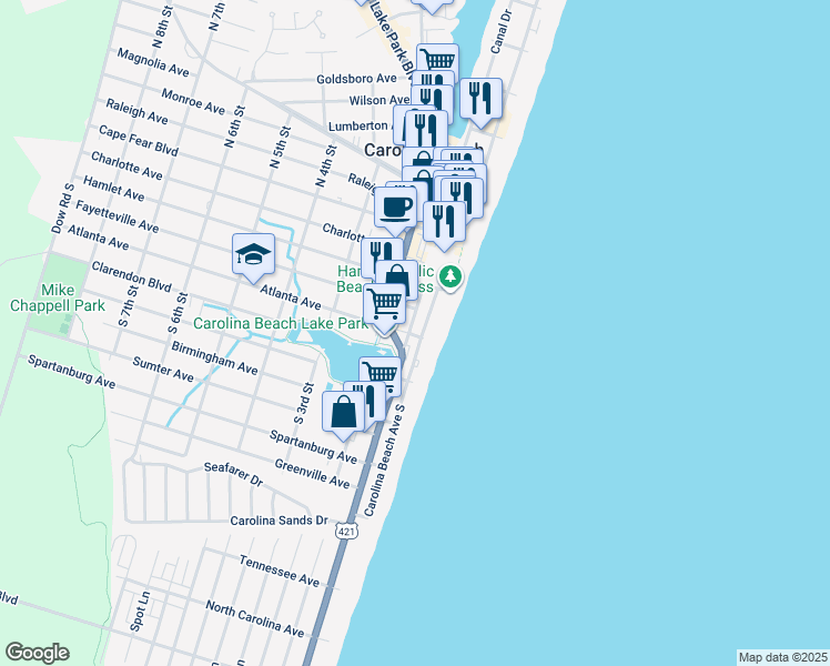 map of restaurants, bars, coffee shops, grocery stores, and more near 303 Carolina Beach Avenue South in Carolina Beach