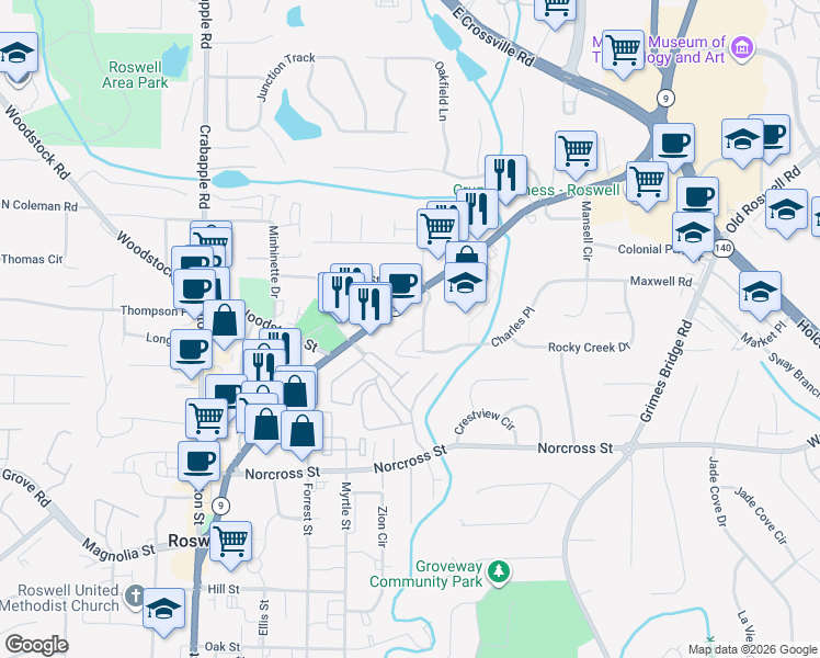 map of restaurants, bars, coffee shops, grocery stores, and more near 1167 Alpharetta Highway in Roswell