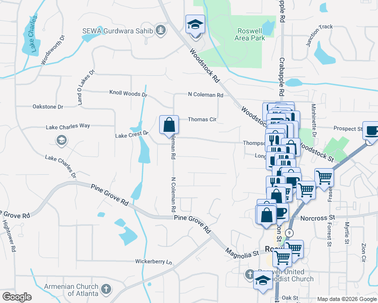 map of restaurants, bars, coffee shops, grocery stores, and more near 230 Thompson Place in Roswell