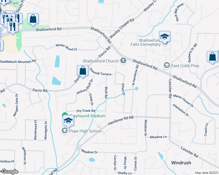 map of restaurants, bars, coffee shops, grocery stores, and more near 3262 Bluff Road in Marietta
