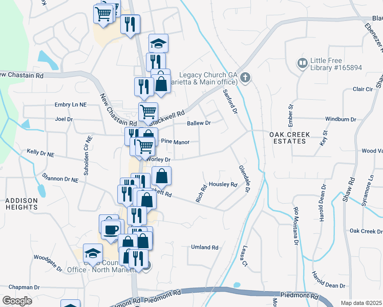 map of restaurants, bars, coffee shops, grocery stores, and more near 928 Pine Manor in Marietta
