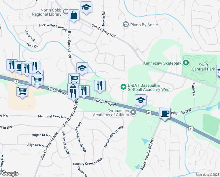 map of restaurants, bars, coffee shops, grocery stores, and more near 3301 Freedom Landing Northwest in Kennesaw
