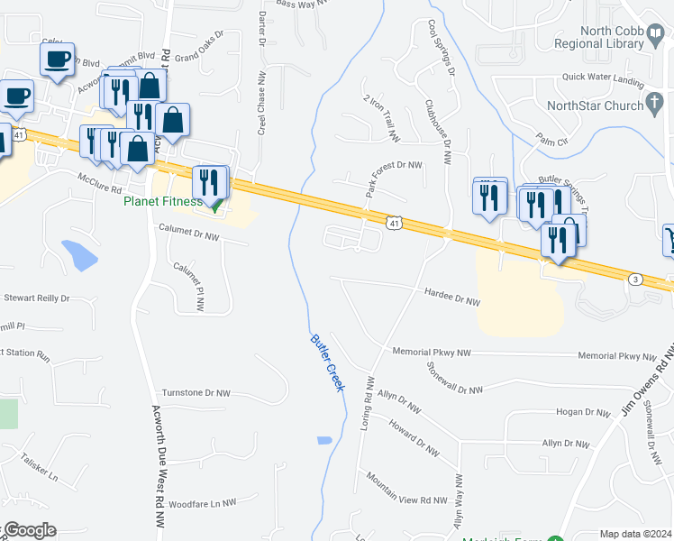 map of restaurants, bars, coffee shops, grocery stores, and more near 3986 Hardee Drive Northwest in Kennesaw