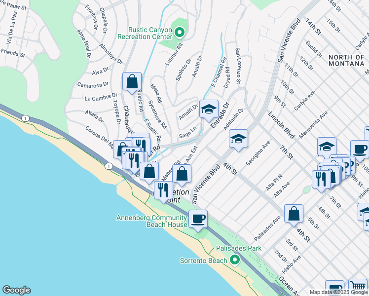 map of restaurants, bars, coffee shops, grocery stores, and more near 338 Entrada Drive in Santa Monica