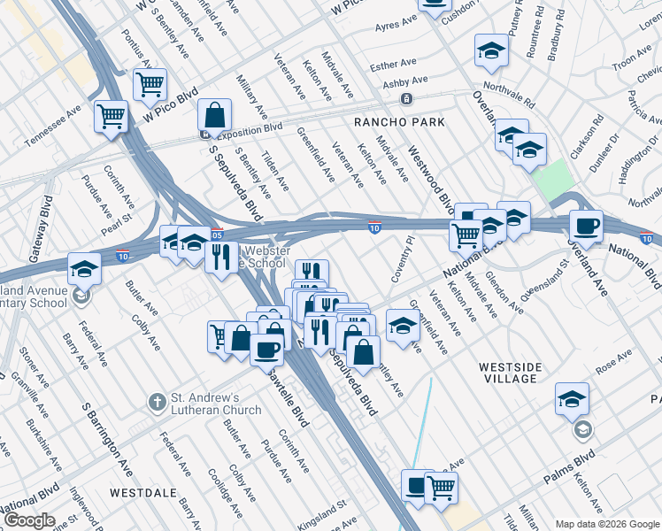 map of restaurants, bars, coffee shops, grocery stores, and more near 2816 Tilden Avenue in Los Angeles