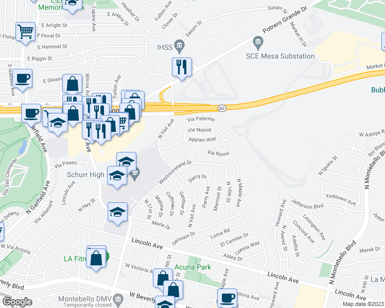 map of restaurants, bars, coffee shops, grocery stores, and more near 909 Brighton Way in Montebello