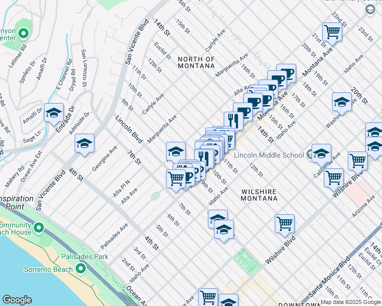 map of restaurants, bars, coffee shops, grocery stores, and more near 628 10th Street in Santa Monica