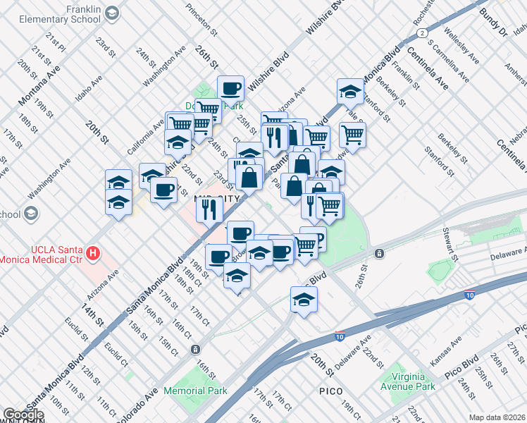 map of restaurants, bars, coffee shops, grocery stores, and more near 2308 Schader Drive in Santa Monica