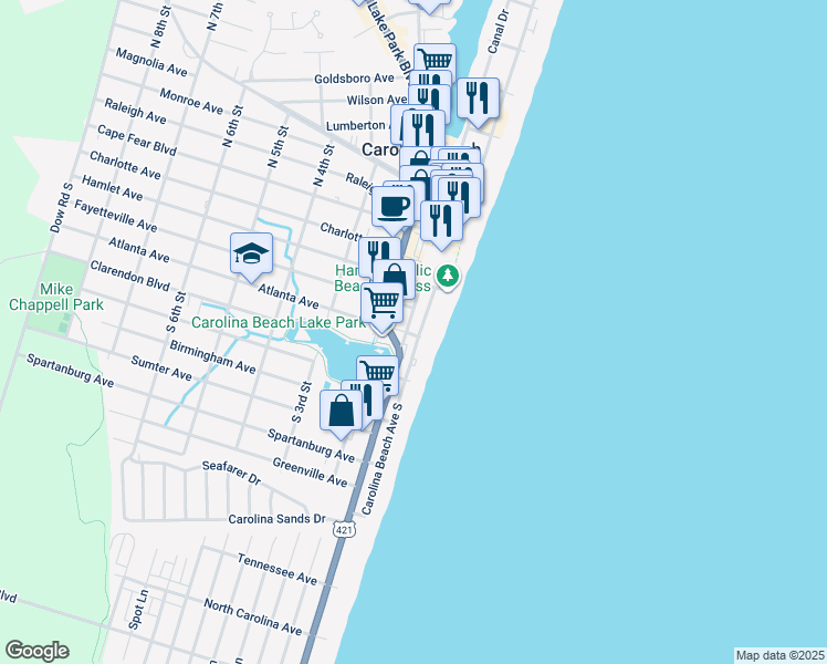 map of restaurants, bars, coffee shops, grocery stores, and more near 310 Carolina Beach Avenue South in Carolina Beach