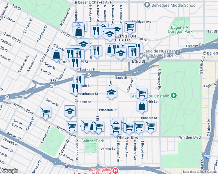 map of restaurants, bars, coffee shops, grocery stores, and more near 505 South Rowan Avenue in Los Angeles