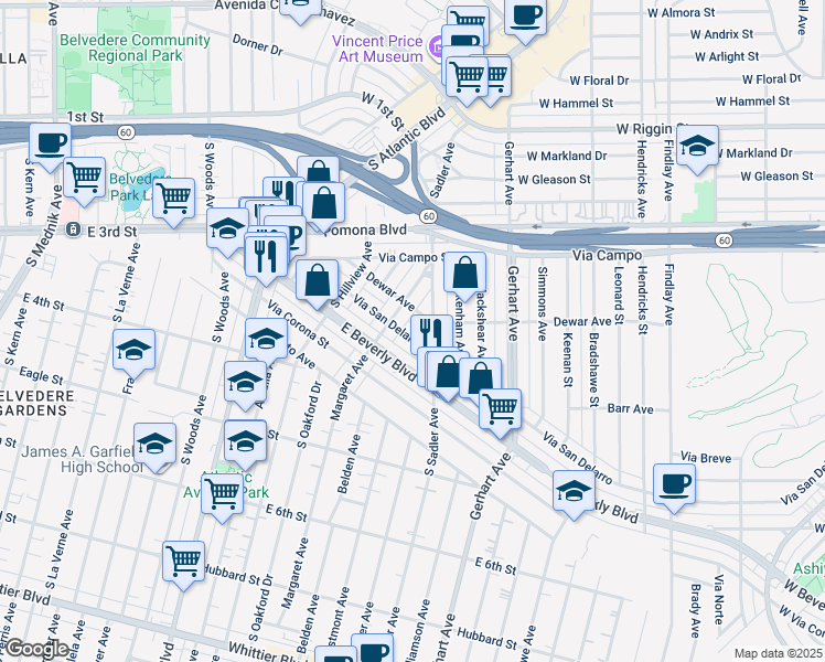 map of restaurants, bars, coffee shops, grocery stores, and more near 5423 Via San Delarro Street in East Los Angeles