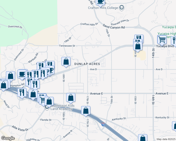 map of restaurants, bars, coffee shops, grocery stores, and more near 12306 17th Street in Yucaipa