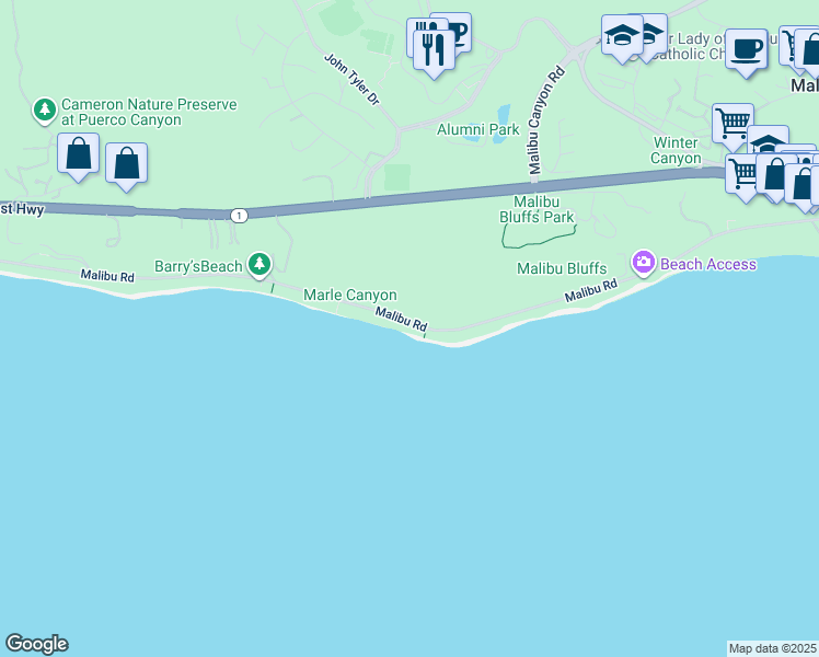 map of restaurants, bars, coffee shops, grocery stores, and more near 24456 Malibu Road in Malibu