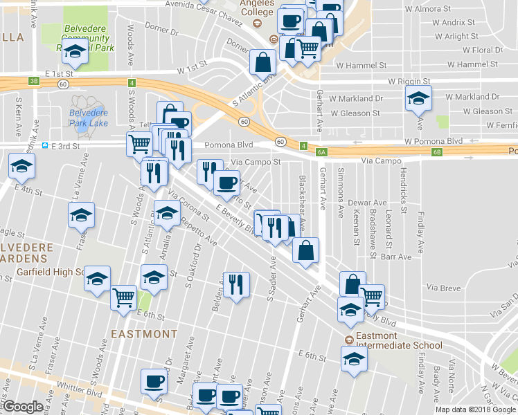 map of restaurants, bars, coffee shops, grocery stores, and more near 5423 Via San Delarro Street in East Los Angeles