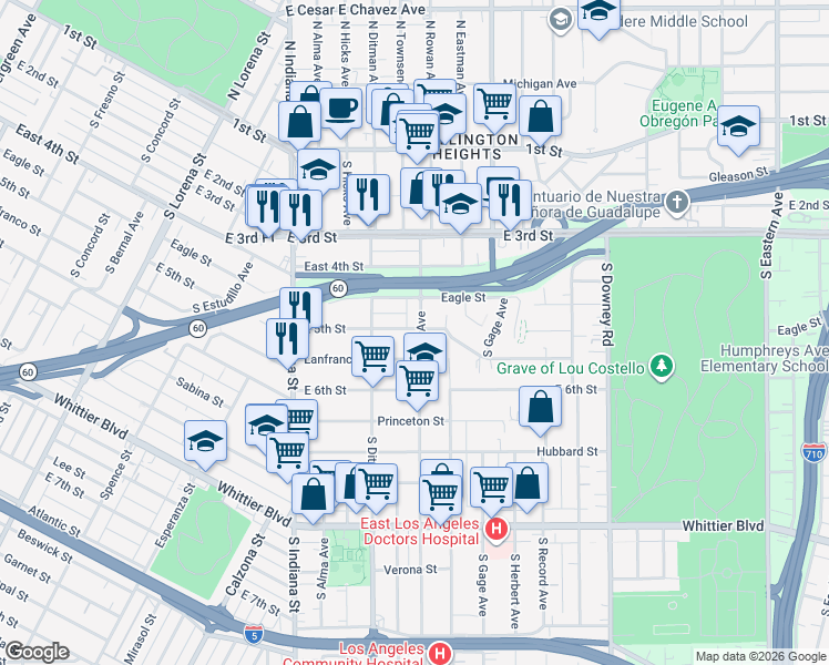 map of restaurants, bars, coffee shops, grocery stores, and more near 505 South Rowan Avenue in Los Angeles