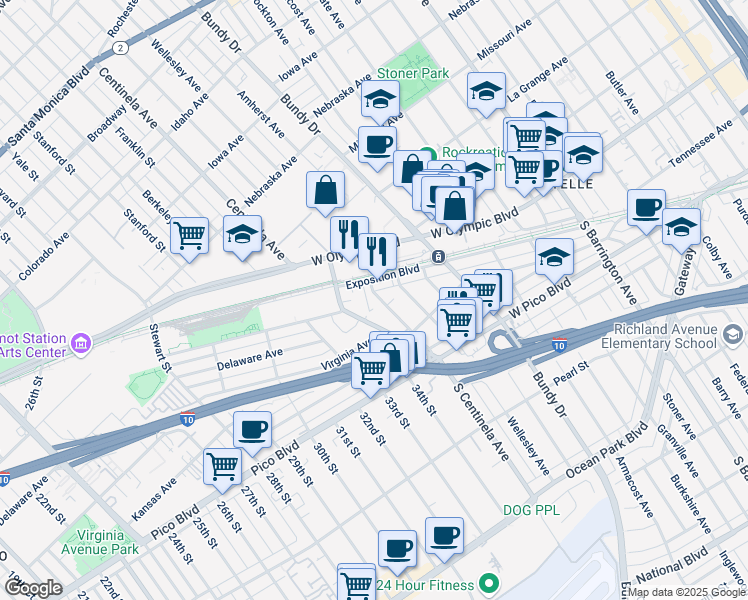map of restaurants, bars, coffee shops, grocery stores, and more near 2215 Wellesley Avenue in Los Angeles