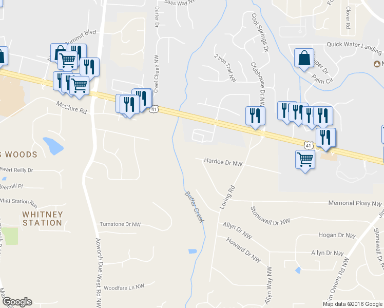 map of restaurants, bars, coffee shops, grocery stores, and more near 4006 Hardee Drive Northwest in Kennesaw