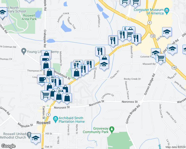 map of restaurants, bars, coffee shops, grocery stores, and more near 260 Opal Drive in Roswell