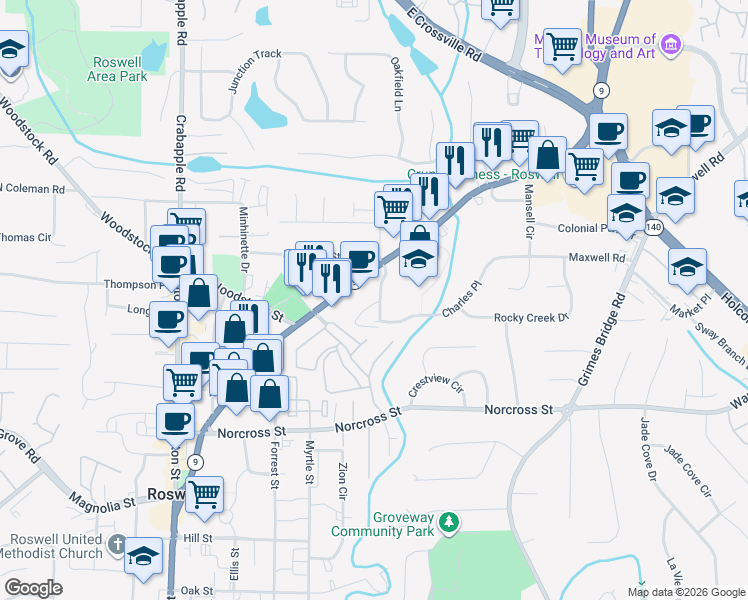 map of restaurants, bars, coffee shops, grocery stores, and more near 1165 Thomas Drive in Roswell