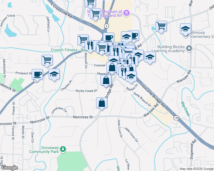 map of restaurants, bars, coffee shops, grocery stores, and more near 1176 Grimes Bridge Road in Roswell