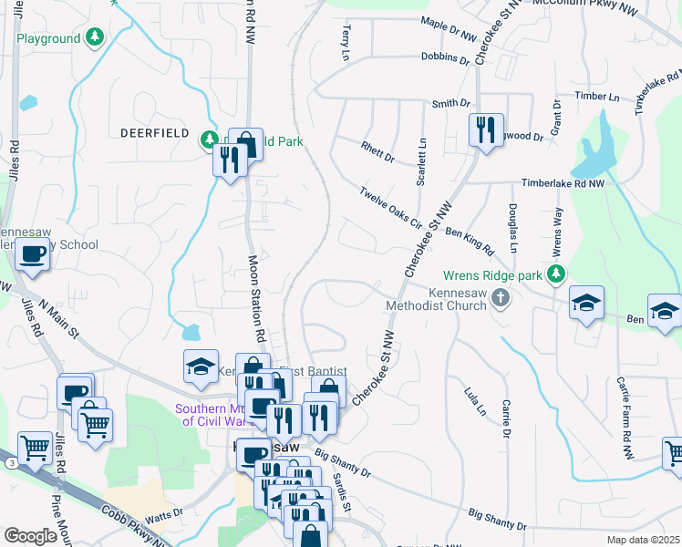 map of restaurants, bars, coffee shops, grocery stores, and more near 3181 Shirley Drive in Kennesaw