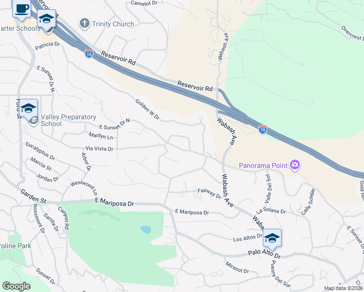 map of restaurants, bars, coffee shops, grocery stores, and more near 645 East Sunset Drive South in Redlands