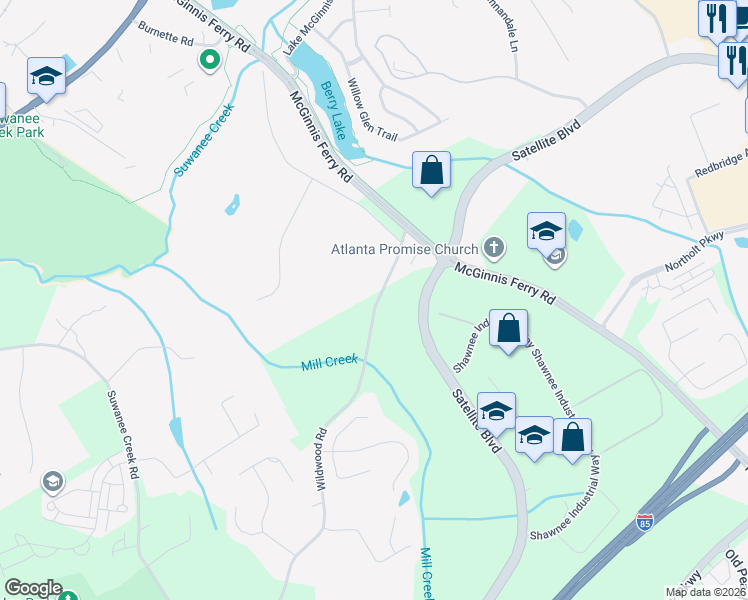map of restaurants, bars, coffee shops, grocery stores, and more near 3395 Wildwood Road in Suwanee