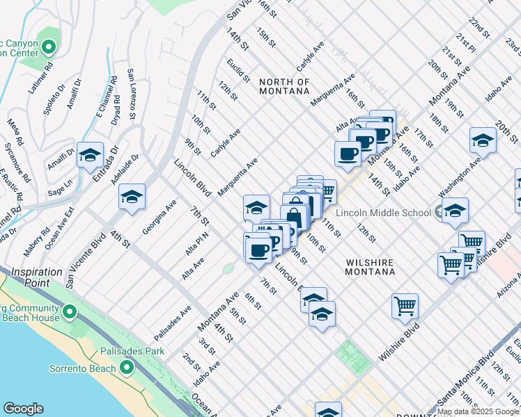 map of restaurants, bars, coffee shops, grocery stores, and more near 601 9th Street in Santa Monica