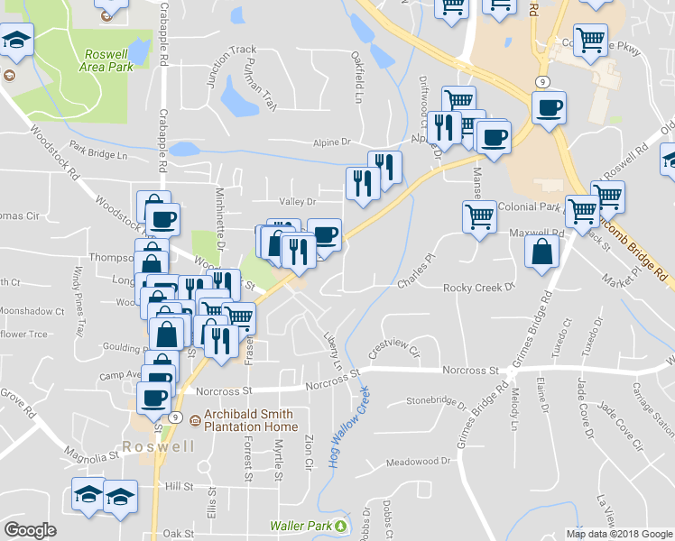 map of restaurants, bars, coffee shops, grocery stores, and more near 262 Opal Drive in Roswell