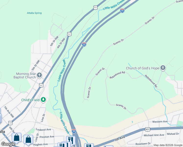 map of restaurants, bars, coffee shops, grocery stores, and more near 1048 Scenic Drive in Gadsden