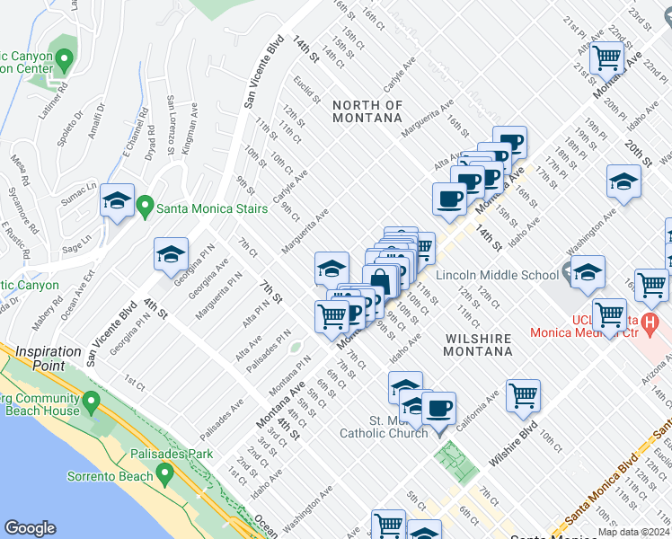 map of restaurants, bars, coffee shops, grocery stores, and more near 601 9th Street in Santa Monica