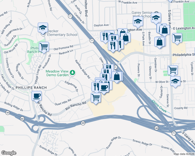 map of restaurants, bars, coffee shops, grocery stores, and more near 17 Turnpost Lane in Pomona