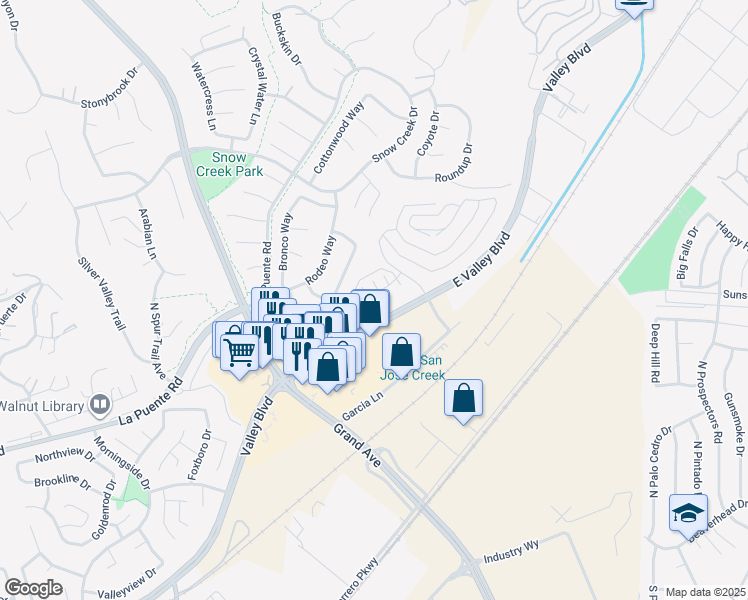 map of restaurants, bars, coffee shops, grocery stores, and more near 21863-21917 Valley Blvd in Walnut