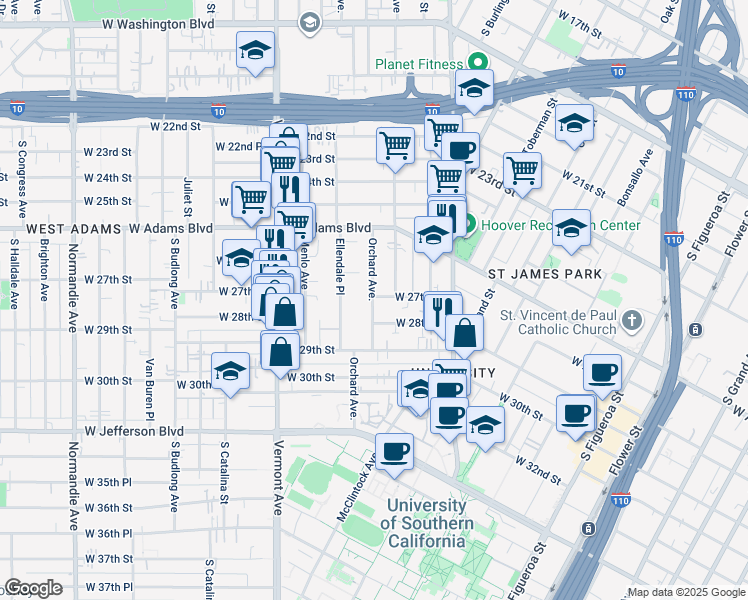 map of restaurants, bars, coffee shops, grocery stores, and more near in Los Angeles