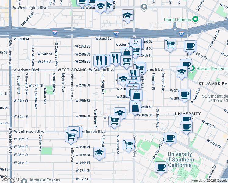 map of restaurants, bars, coffee shops, grocery stores, and more near 1494 1/2 West 27th Street in Los Angeles