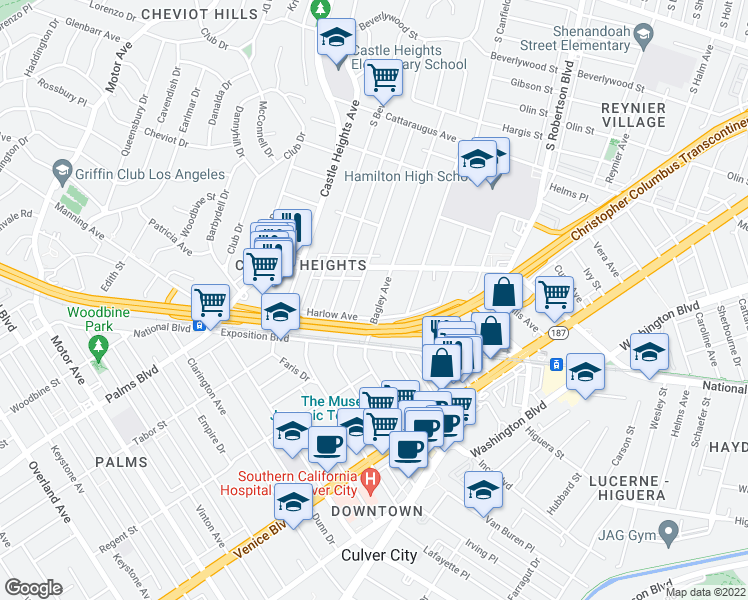 map of restaurants, bars, coffee shops, grocery stores, and more near 3325 Bagley Avenue in Los Angeles