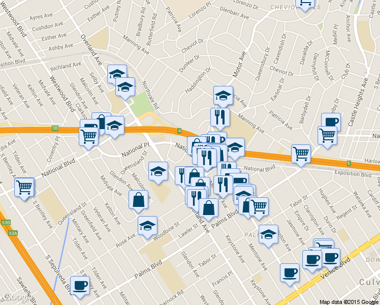 map of restaurants, bars, coffee shops, grocery stores, and more near 10535 National Boulevard in Los Angeles