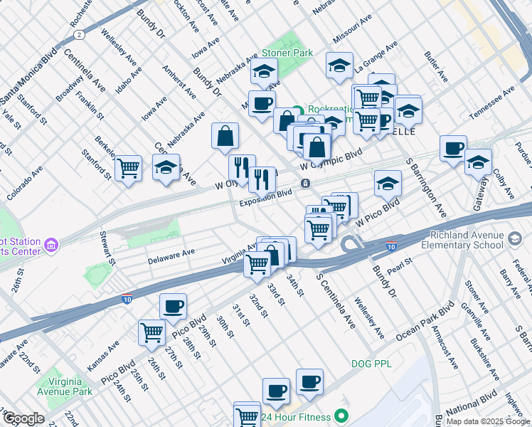 map of restaurants, bars, coffee shops, grocery stores, and more near 2215 Wellesley Avenue in Los Angeles
