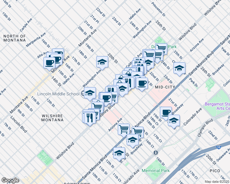 map of restaurants, bars, coffee shops, grocery stores, and more near 1122 18th Street in Santa Monica
