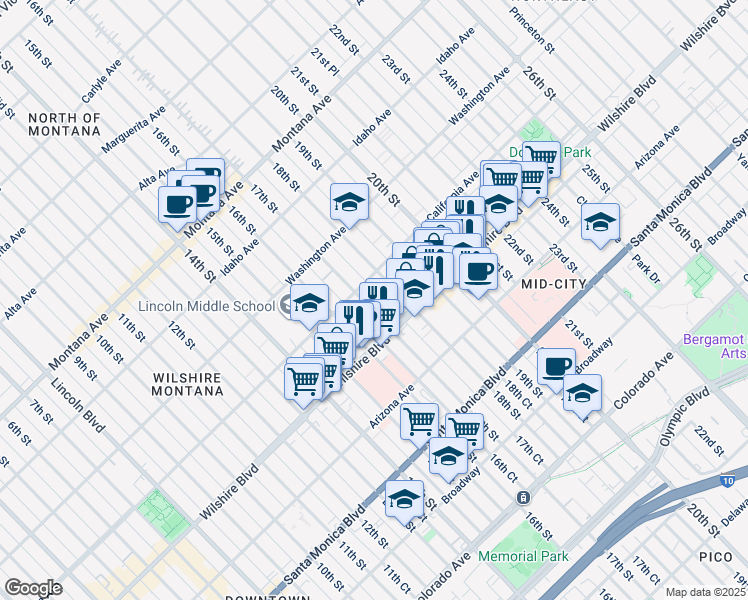 map of restaurants, bars, coffee shops, grocery stores, and more near 1122 18th Street in Santa Monica