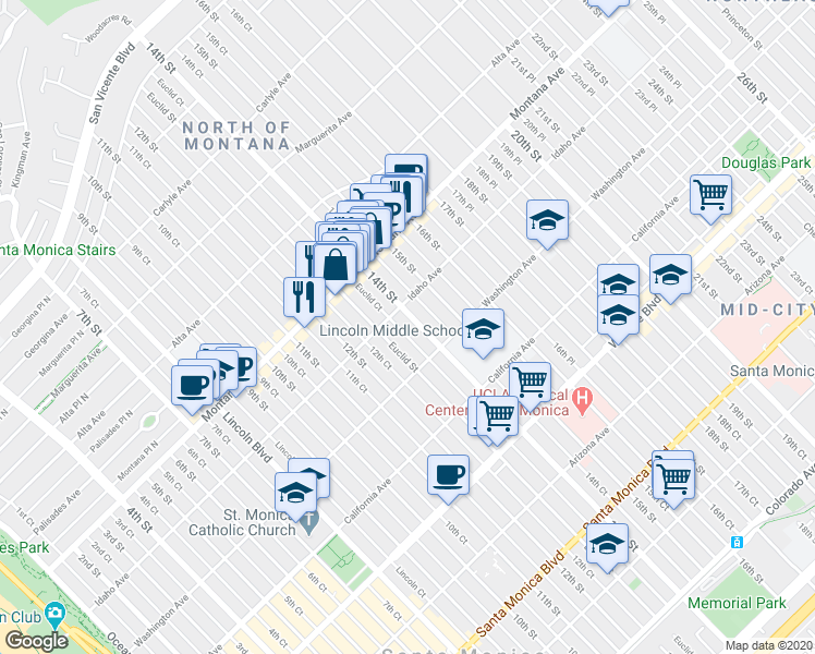 map of restaurants, bars, coffee shops, grocery stores, and more near in Santa Monica